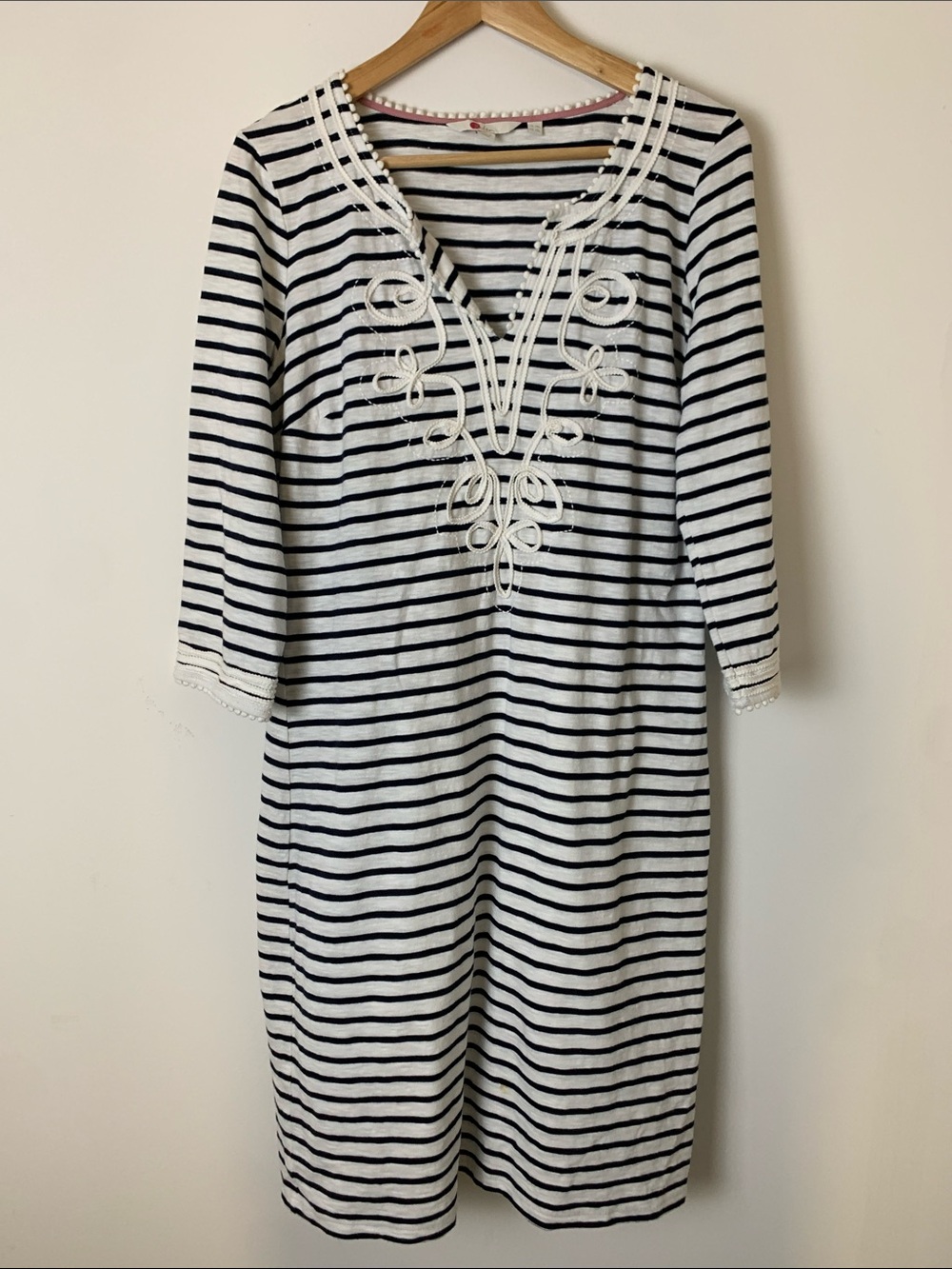Boden Navy & White Sz 10L Reanna Striped V-Neck Jersey Tunic Embroidered Dress